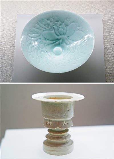 上图为景德镇湖田古瓷窑址出土的宋代青白釉刻花花卉纹斗笠碗。 下图为景德镇湖田古瓷窑址出土的宋代青白釉香炉。 新华社记者 万象 摄