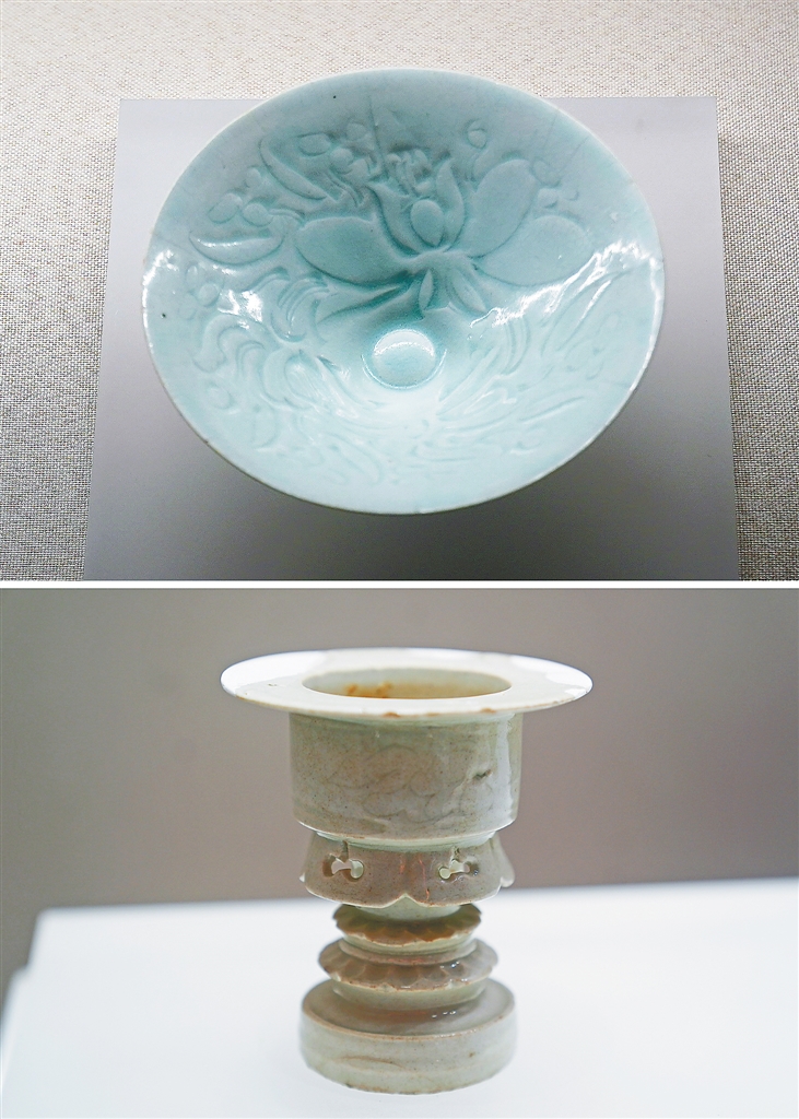 上图为景德镇湖田古瓷窑址出土的宋代青白釉刻花花卉纹斗笠碗。 下图为景德镇湖田古瓷窑址出土的宋代青白釉香炉。 新华社记者 万象 摄