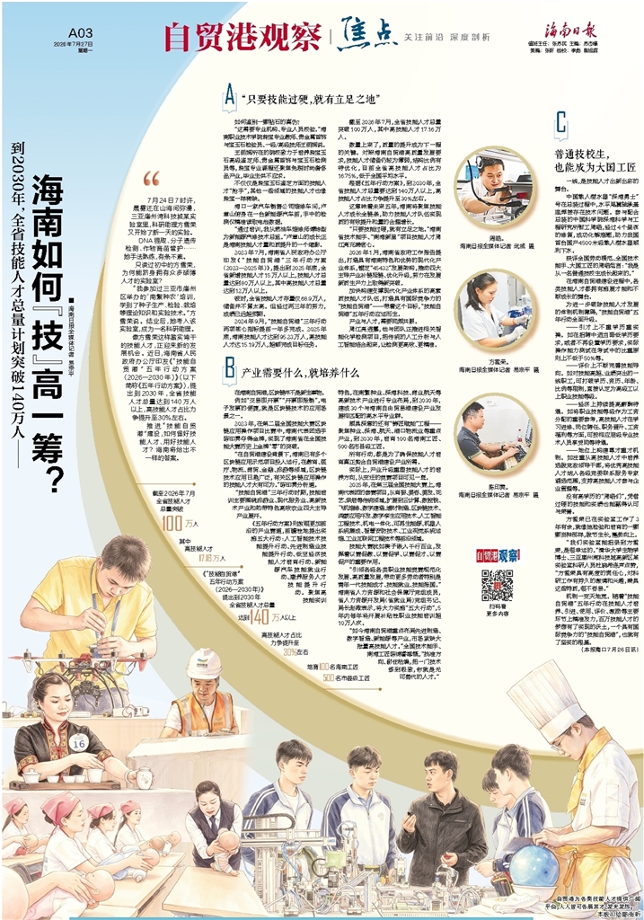 自贸港为各类技能人才提供广阔平台，人人皆可各展其才、发光发热。 本版AI绘图/张昕